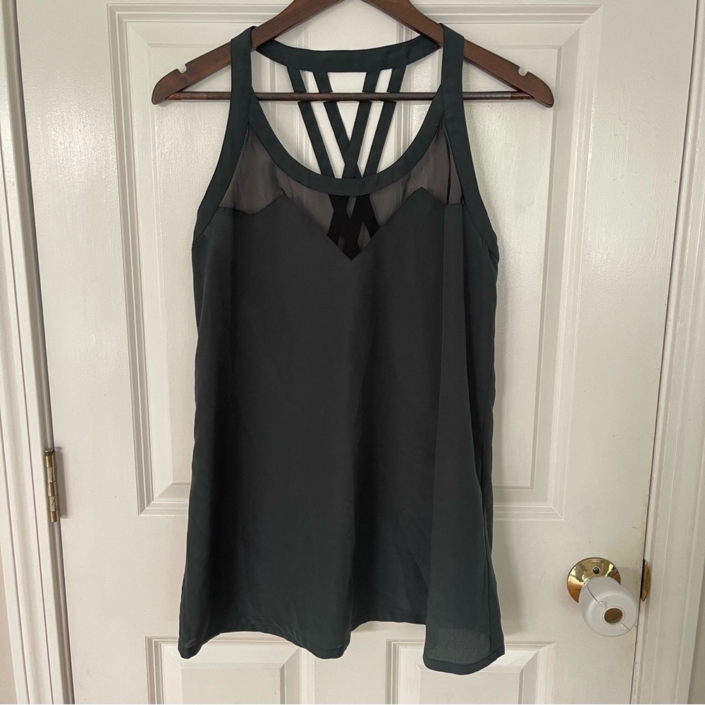Kardashian Kollection Dark Green Criss Cross Racerback Tank Top Blouse